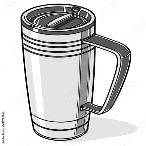 Silver insulated travel mug with dark lid and handle