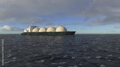 Photorealistic 3D animation of a Moss-type LNG tanker with four spherical storage tanks sailing on a calm ocean under a partly cloudy blue sky. Side view in daylight. 4K/UHD.