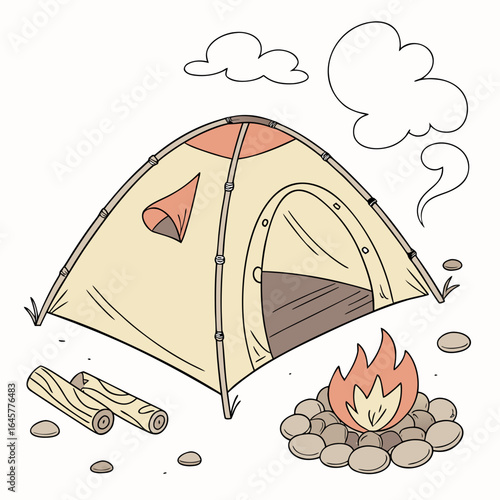 Beige tent and campfire with logs camping