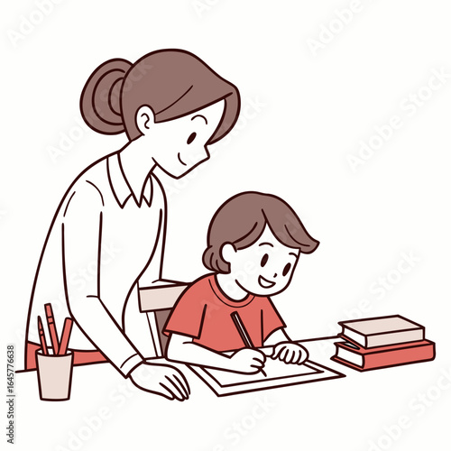 Parent assisting child with schoolwork helping homework