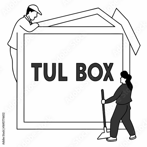 People assembling large sign with text woman