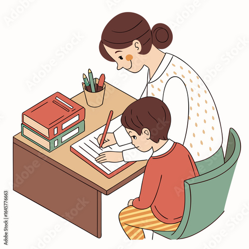 Parent teaching child writing at desk with books learning