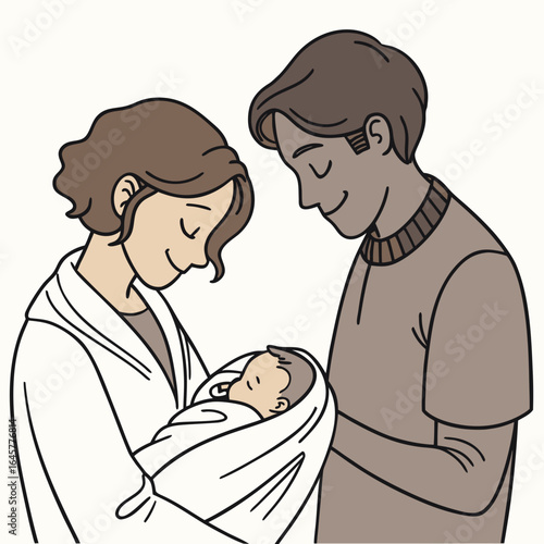 Parents holding newborn baby gently swaddled