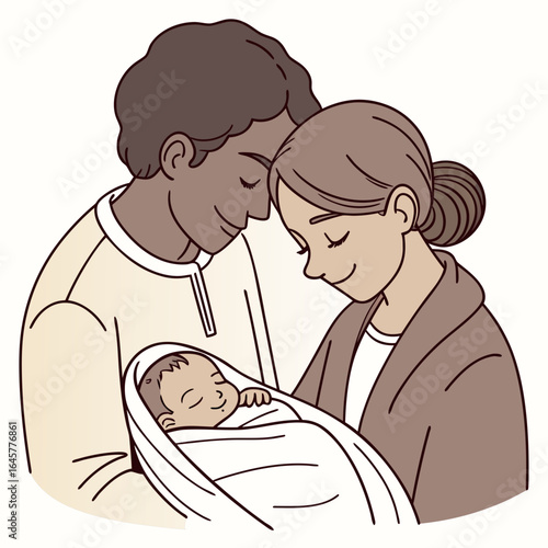 Loving parents embrace newborn baby family love