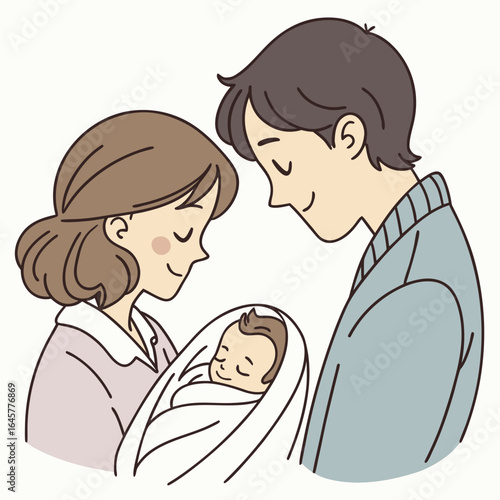 Loving parents gaze at sleeping baby family newborn