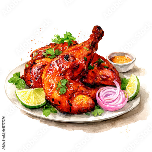 Tandoori Chicken, watercolor painting, vector illustration, isolated on a white background.
