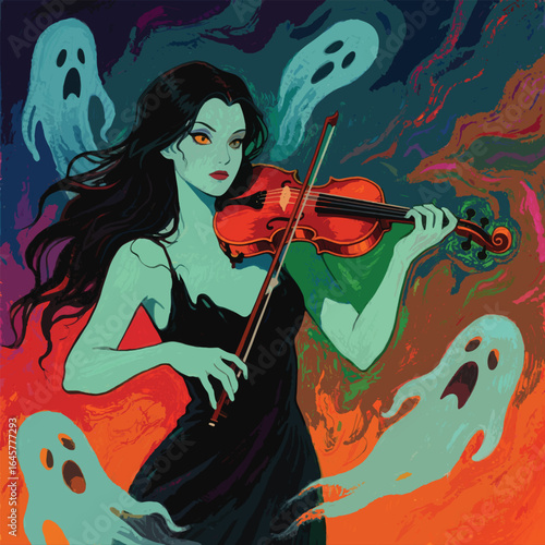 Ghostly Violinist Fantasy Background Design Template