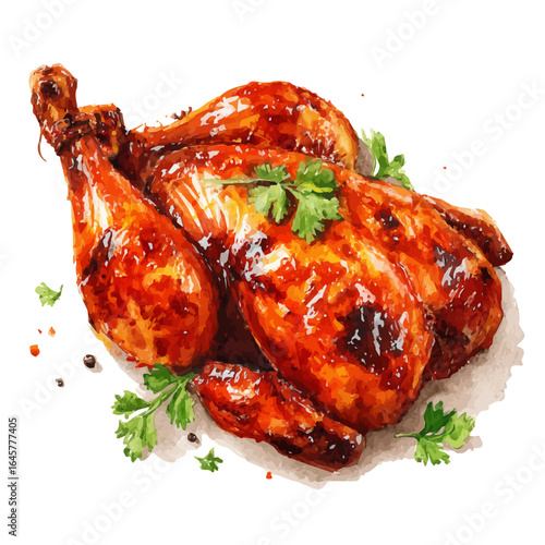 Watercolor vector illustration of Tandoori Chicken, isolated on white background.