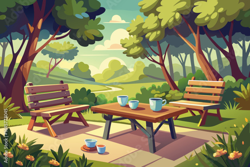 vector of Wooden benches in the shade of trees are a good place to sit and drink a cup of tea or coffee.