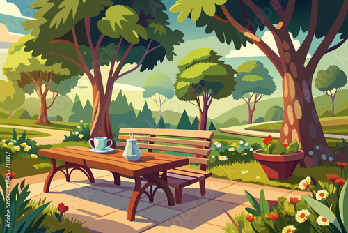 vector of Wooden benches in the shade of trees are a good place to sit and drink a cup of tea or coffee.