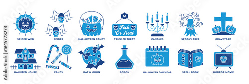 Halloween Icon Set – Blue Style with Spider Web, Candy, Haunted House, Graveyard, and More