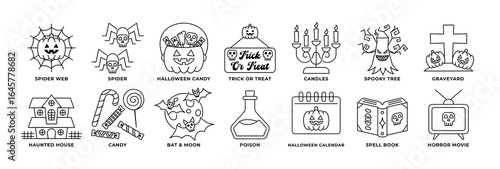 Halloween Icon Set – Outline Style with Spider Web, Candy, Haunted House, Graveyard, and More