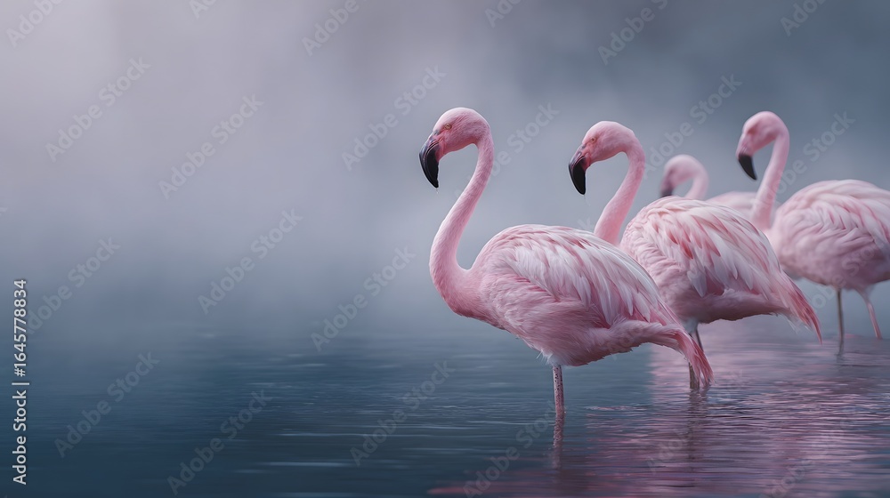 Fototapeta premium A flock of flamingos wading in a serene wetland