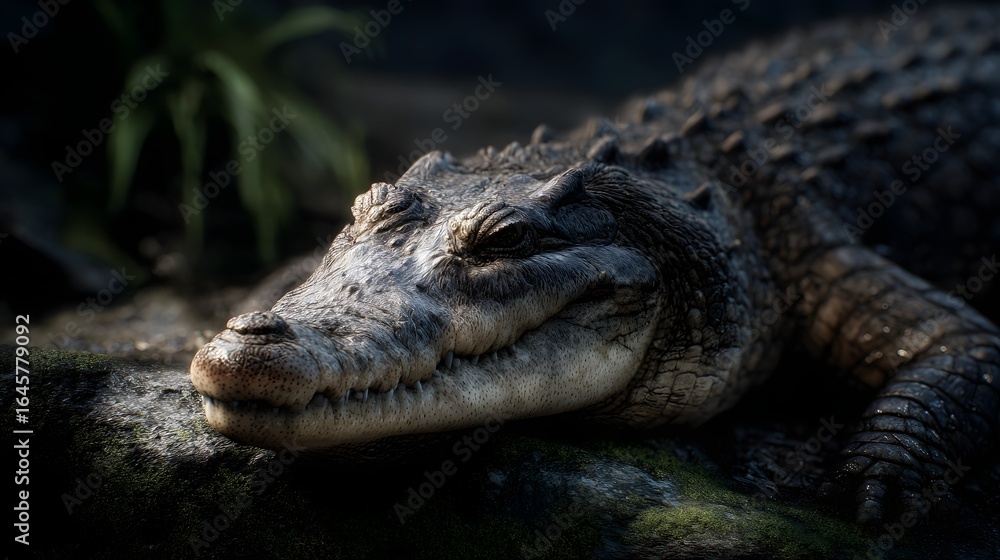 Obraz premium Crocodile resting on riverbank with lighting and sharp focus