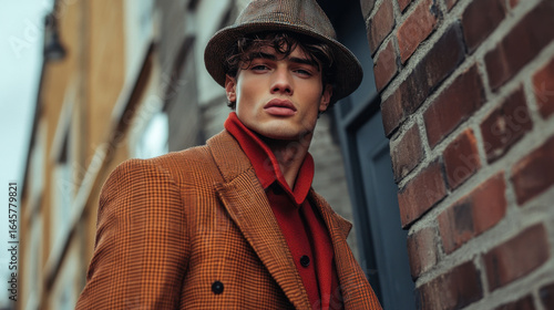 Stylish Young Man in Orange Coat and Glitter Hat Posing Against Brick Wall