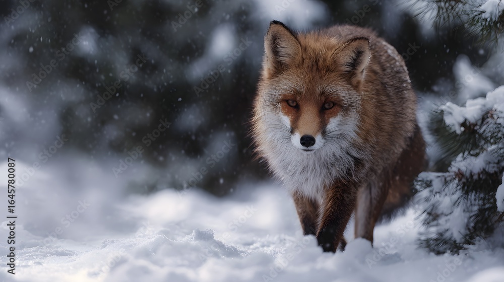 Fototapeta premium A red fox cautiously navigates a snowy forest landscape