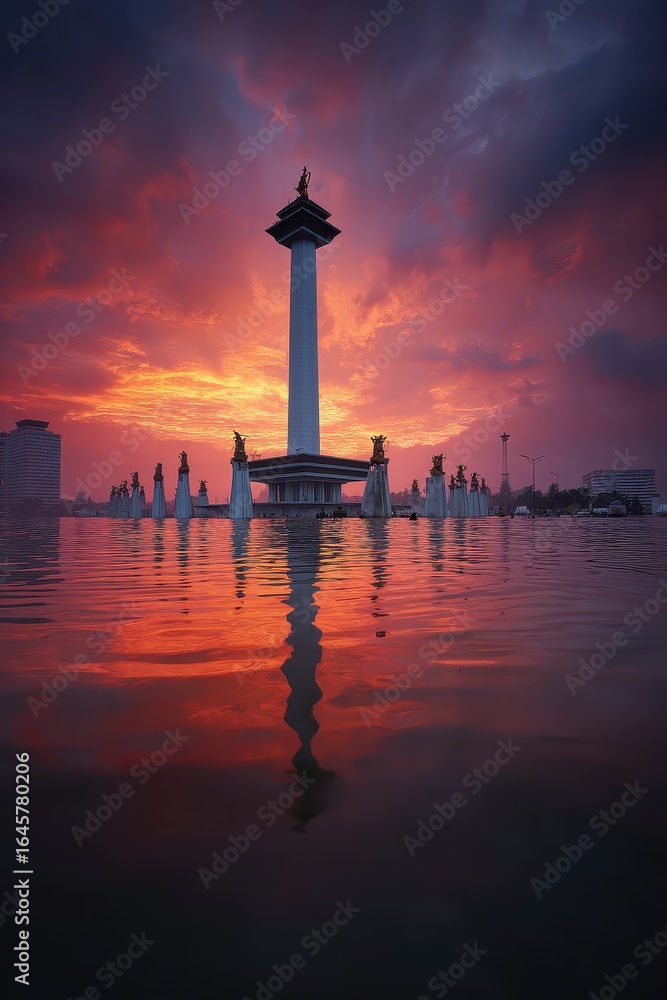 Fototapeta premium Jakarta's Monas Monument Reflected in Water at Fiery Sunset