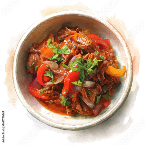 Ropa Vieja, watercolor painting, vector illustration, isolated on a white background.