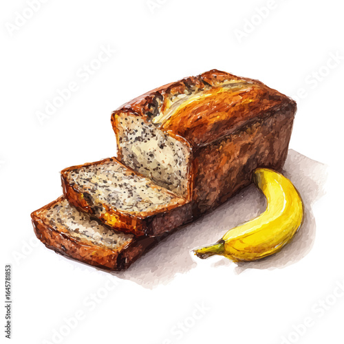 Banana Bread, watercolor painting, vector illustration, isolated on a white background.