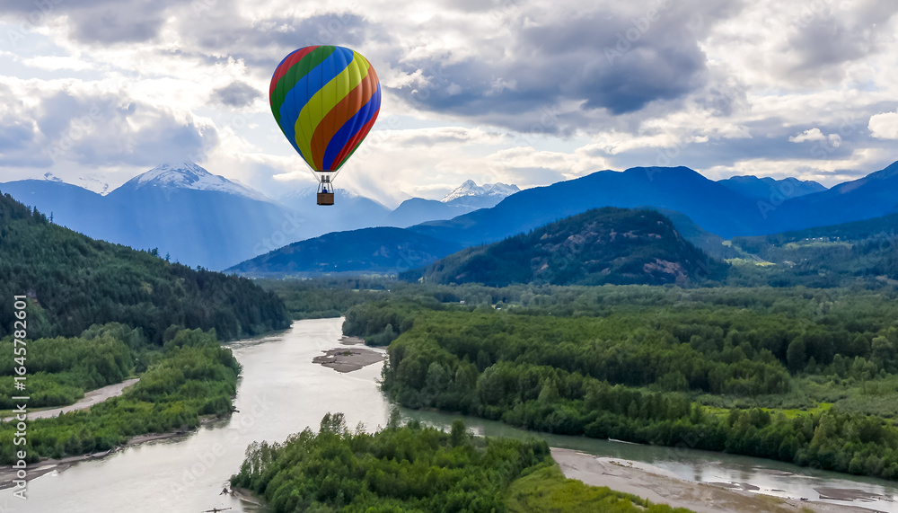 Naklejka premium Colorful Hot Air Balloon Over Scenic Mountain Landscape with Flowing River