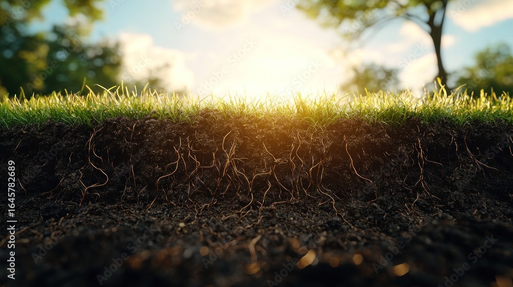 Fototapeta premium Soil profile grass tuft with roots, dark earth, sunlit background