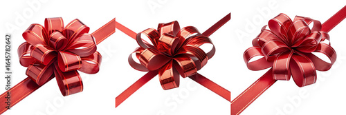 Set of Sight of a Shiny red gift bow with ribbon loops isolated on a transparent background.