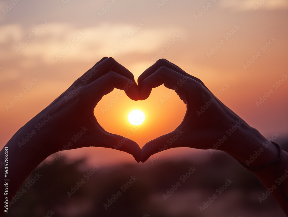 Fototapeta premium Silhouette of two hands forming a heart shape with the setting sun in the center against a vibrant orange and pink sky at sunset