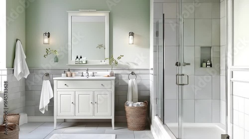 Wallpaper Mural A bright, light-filled bathroom with a calming color palette.  White cabinets, a light-green wall, and gray tile create a serene and modern space.  A glass-enclosed shower  Torontodigital.ca
