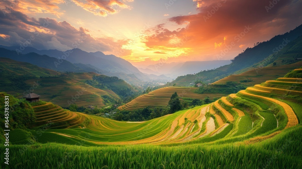 Fototapeta premium Stunning terraced rice paddies at sunset