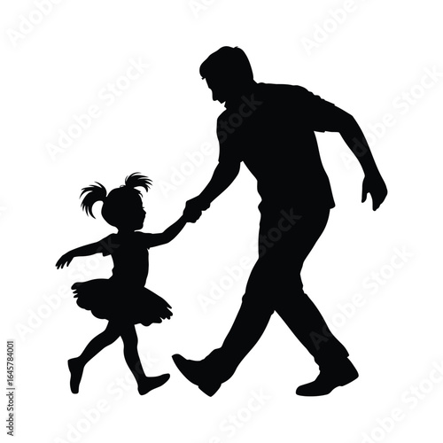 Silhouette of an adult holding hands with a child in a flared dress, walking or dancing together, symbolizing joy, care, and connection