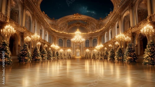 Grand ballroom with glowing Christmas trees and chandeliers under a starry night sky. Luxury, magic, elegance. Festive holiday gala, fairytale dream. Ideal for event backgrounds, royal themes.