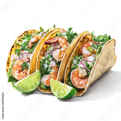 A watercolor painting of Shrimp Tacos, vector illustration on white background.