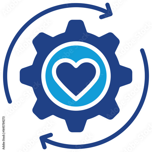 Values Cycle Glyph Blue Silhouette Icon Design Vector - Cogwheel with heart and circular arrows showing continuous improvement and integration of core values in organizational processes