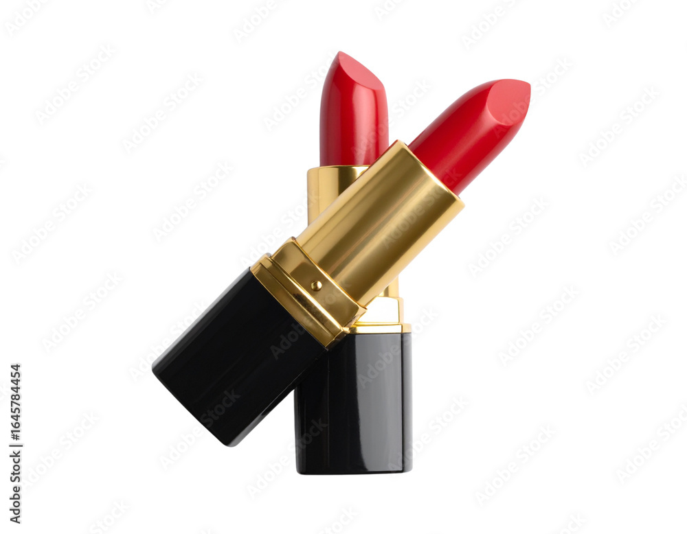Obraz premium Open Red Lipstick with Cap Placed Beside Tube, Angled Perspective, Isolated on White