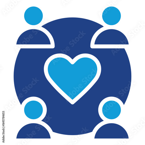 Value Driven Team Glyph Blue Silhouette Icon Design Vector - Group of people encircling a heart, representing a team unified and motivated by shared values and purpose