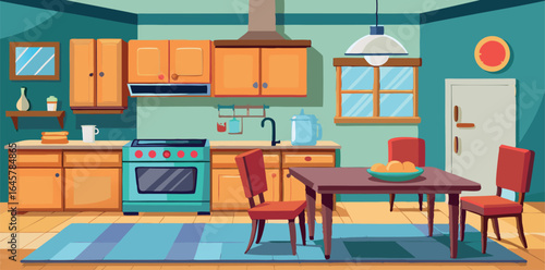Modern interior design of a luxury kitchen with dining room features a wooden table and chairs on a polished floor near a large window