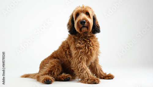 Seated Brown Curly-Haired Dog on White Background