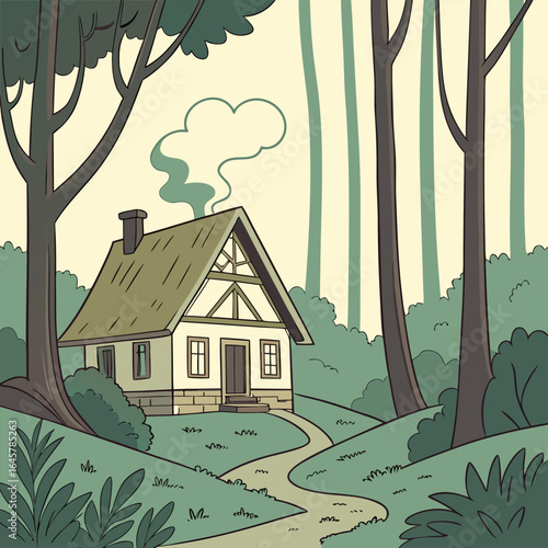 Illustration of a quaint house with a chimney emitting smoke nestled among tall trees in a forest setting
