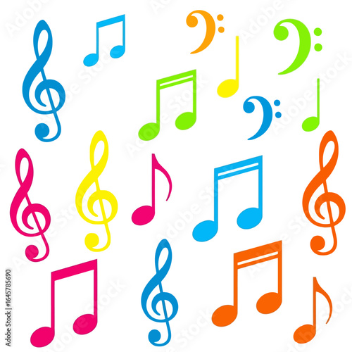 Vector art of a vibrant collection of colorful musical notes and clefs scattered across the frame