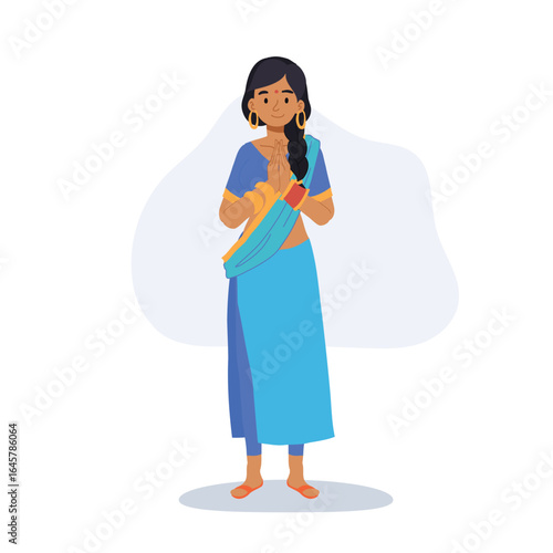 south asian woman wearing blue sari dress gold earrings and bangles in namaste greeting pose traditional clothing cartoon style