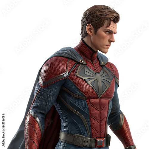 Ai generated image of detailed portrait of a male superhero character in a red, blue, and gray costume with a cape, isolated on a transparent background, representing power and fantasy