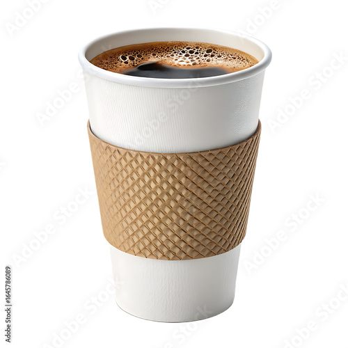 Ai generated image of a steaming cup of black coffee with foam in a white paper cup with a brown textured sleeve, isolated on a transparent background, perfect for a morning energy boost