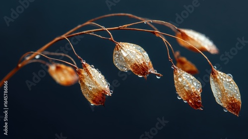 Delicate Water Droplets on Seed Pods in Soft Focus Macro Photography