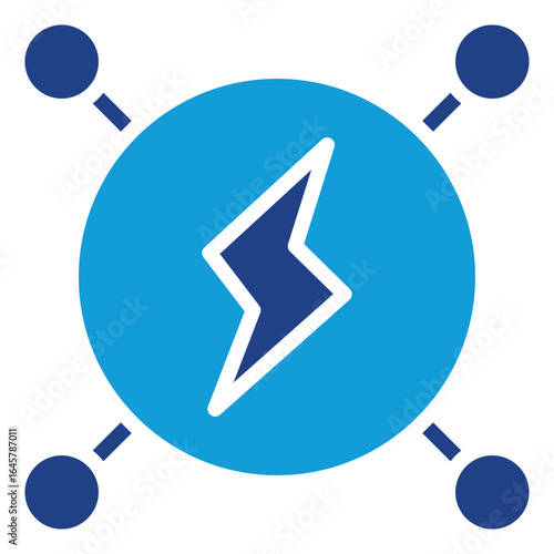 Clean Energy Network Glyph Blue Silhouette Icon Design Vector - Lightning bolt in a central circle connected by lines and dots, symbolizing renewable energy grid or decentralized power