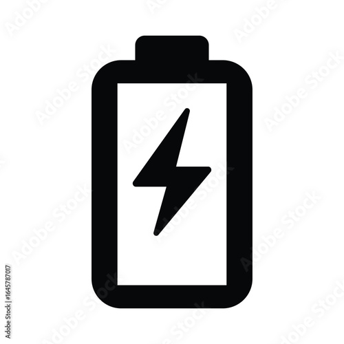 Minimalist black and white full battery icon with lightning bolt symbol, centered on white background. Simple, high-charge symbol in flat design, ideal for digital or technical concepts.