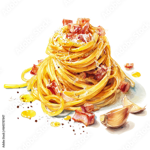 Watercolor vector illustration of Spaghetti Carbonara, isolated on white background.