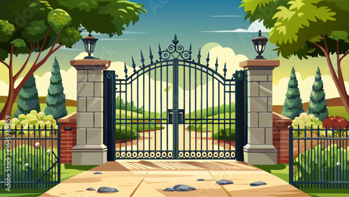 Beyond the gate, a paved driveway curves gently toward a beautiful stone house exterior, adorned with manicured gardens, blending timeless architectural charm with a refined, semi-realistic landscape.