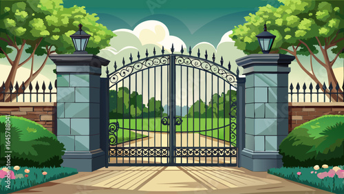 Beyond the gate, a paved driveway curves gently toward a beautiful stone house exterior, adorned with manicured gardens, blending timeless architectural charm with a refined, semi-realistic landscape.