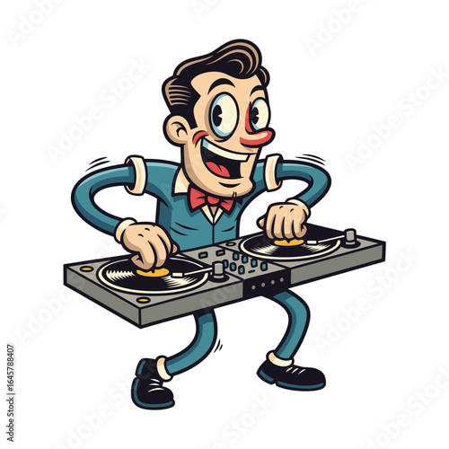 Joyful Cartoon Person Operating a Record Player in Retro Style