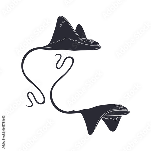 Cartoon style stingray swimming in ocean amongst seaweed silhouette hand drawn vector illustration